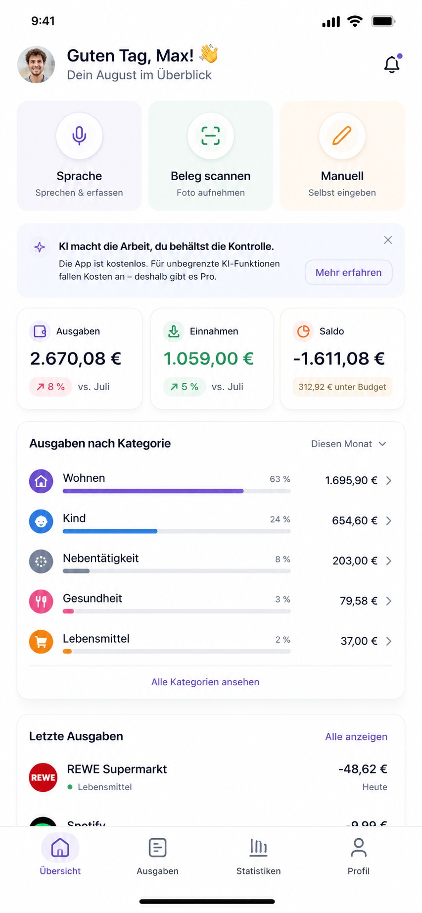 dayly App-Übersicht mit Sprache, Beleg scannen, Ausgaben und Kategorien