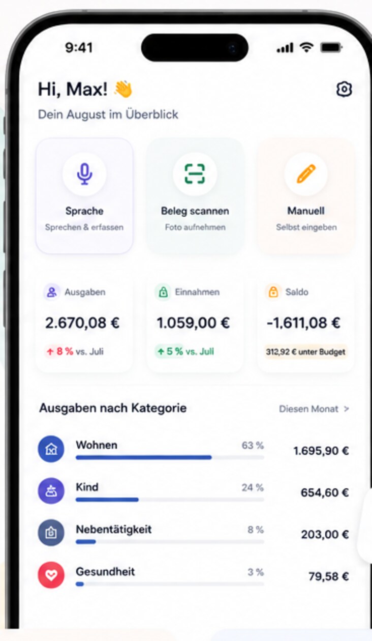 dayly App-Übersicht mit Sprache, Beleg scannen, Ausgaben und Kategorien